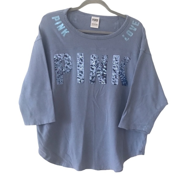 Pink Victoria’s Secret Blue Sequins Logo 3/4 Sleeve Shirt - Picture 1 of 9